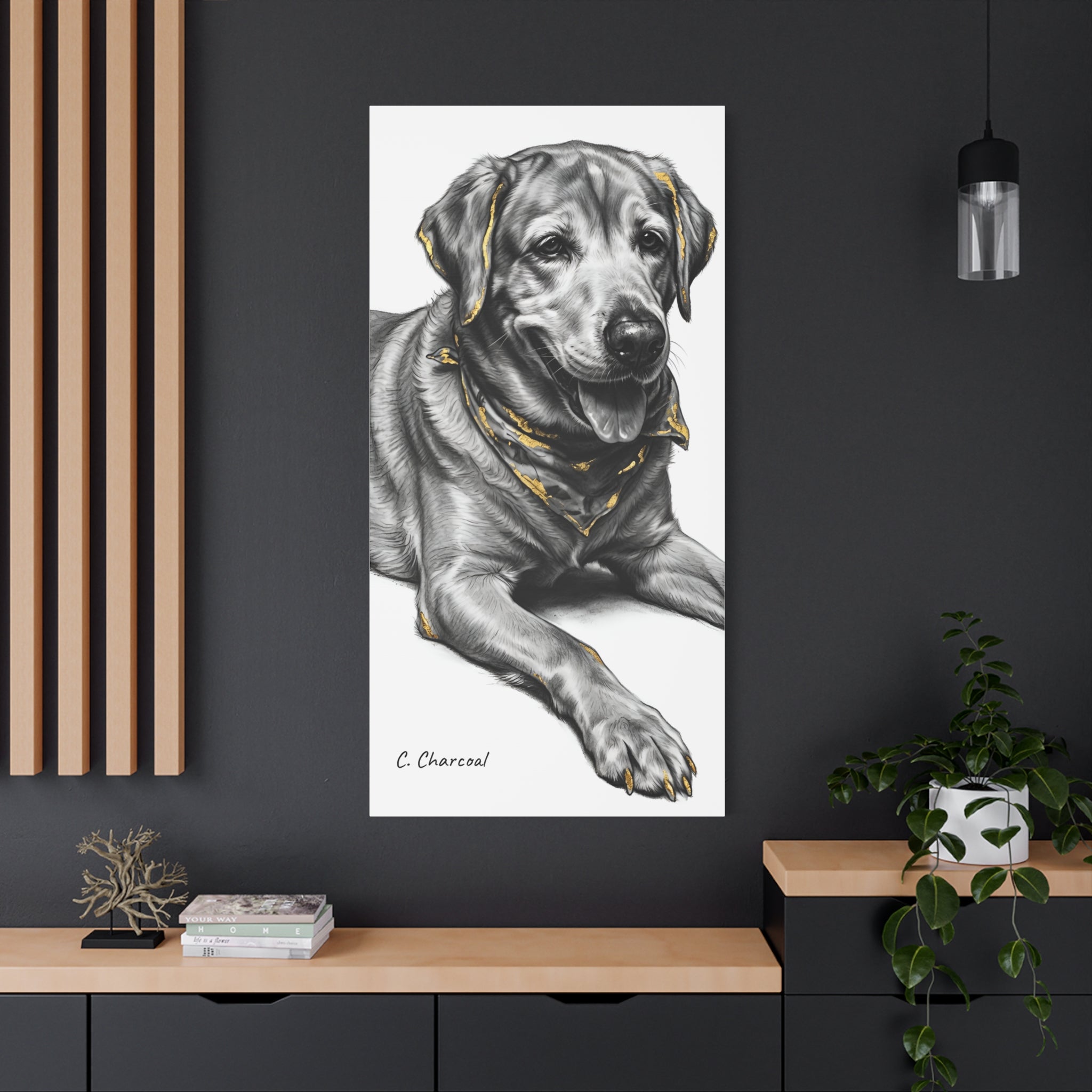 Labrador Portrait Canvas Print — Black & White Dog Art with Gold Accents