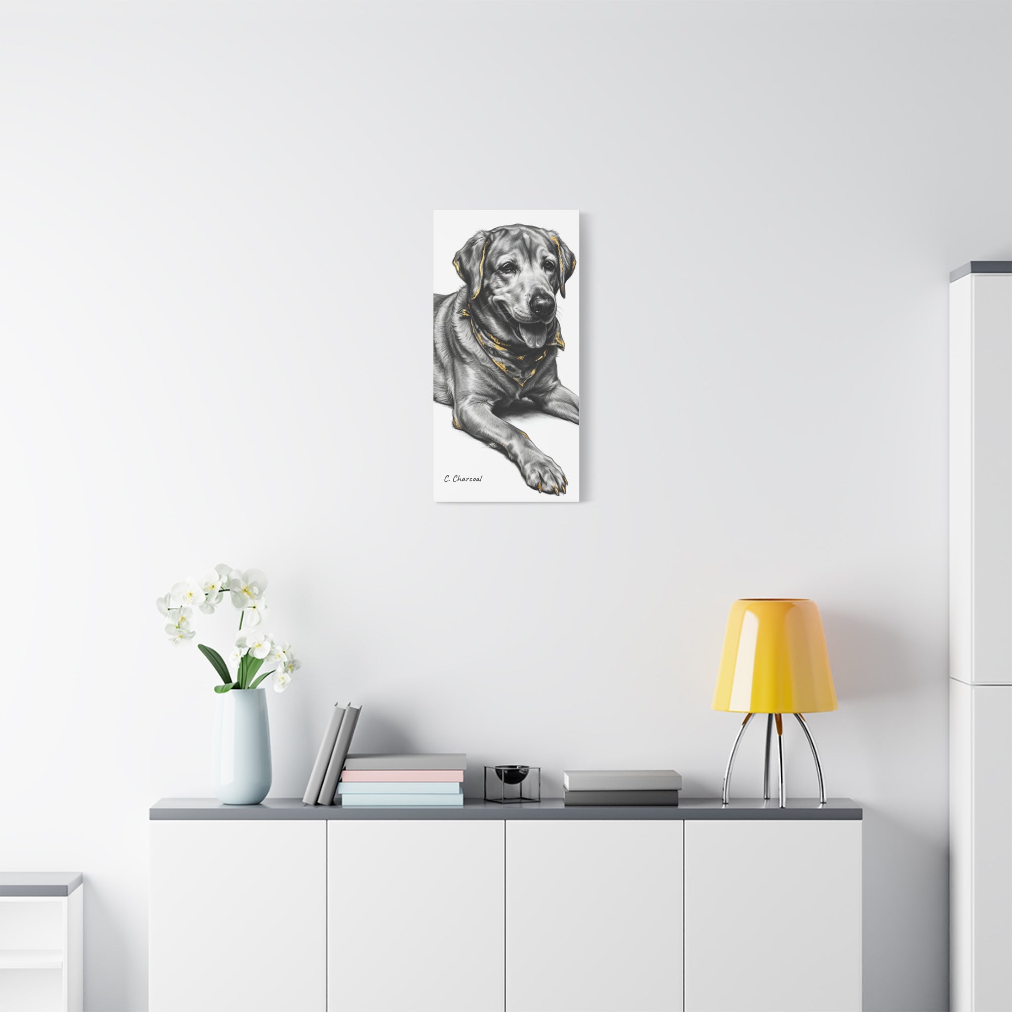 Labrador Portrait Canvas Print — Black & White Dog Art with Gold Accents
