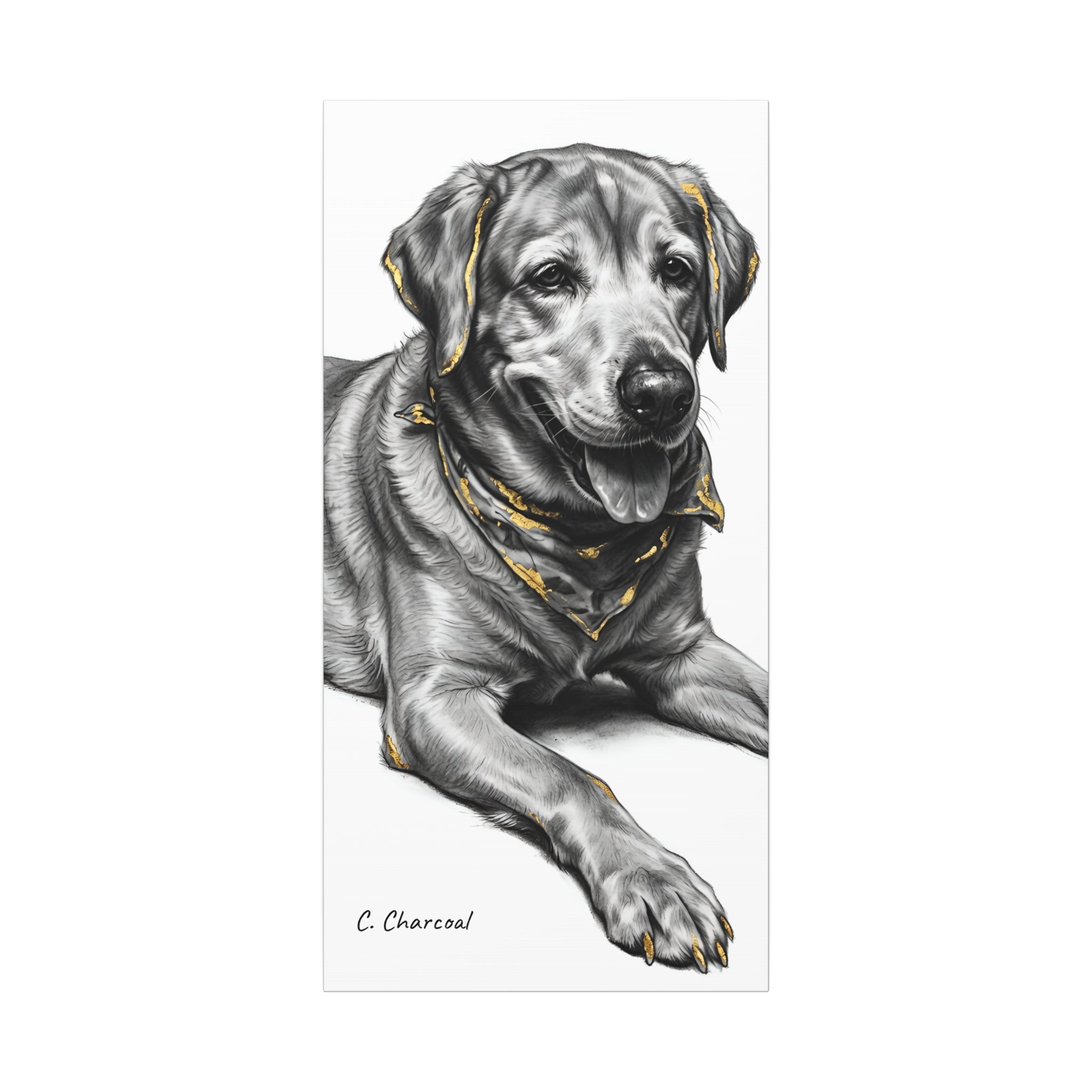 Labrador Portrait Canvas Print — Black & White Dog Art with Gold Accents