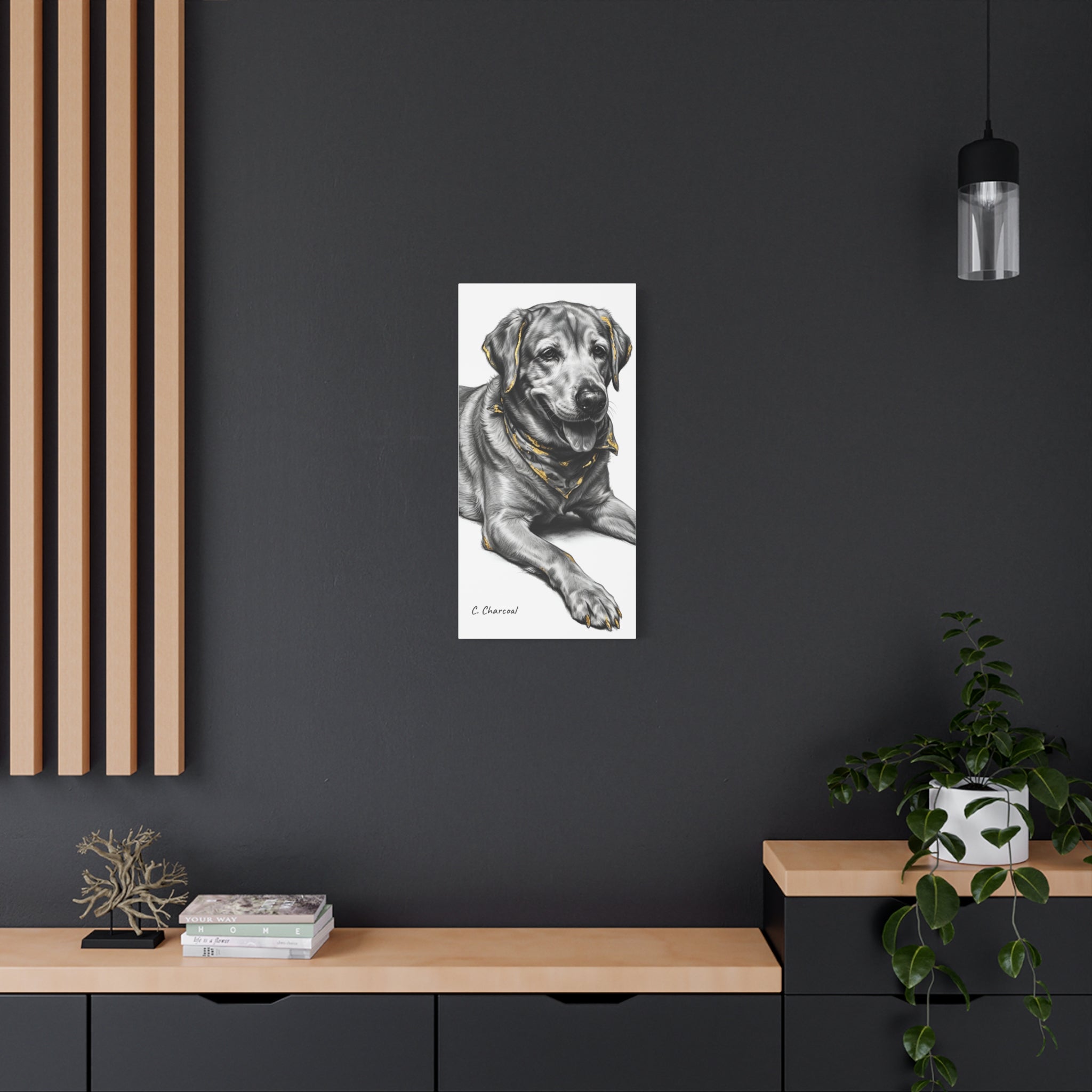 Labrador Portrait Canvas Print — Black & White Dog Art with Gold Accents