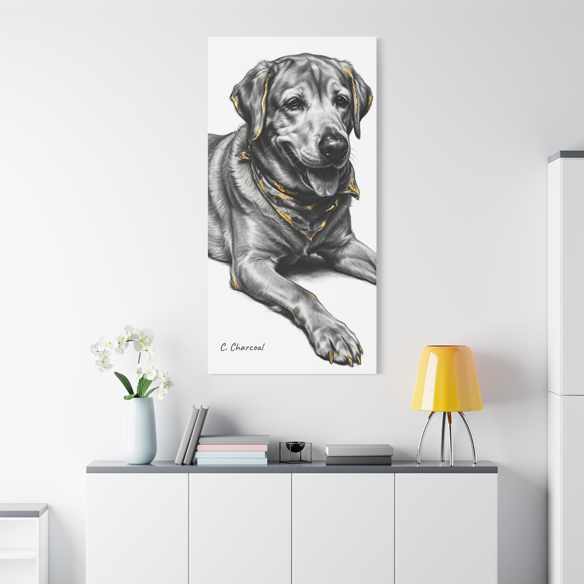 Labrador Portrait Canvas Print — Black & White Dog Art with Gold Accents